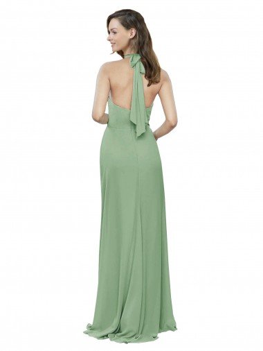 Affordable High Collar Halter Neck Chiffon Bridesmaid Dress with Long Back Tie UK