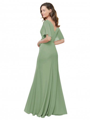 Affordable Chiffon V-Neckline Wrap Bridesmaids Dress With Double Flutter Sleeve UK