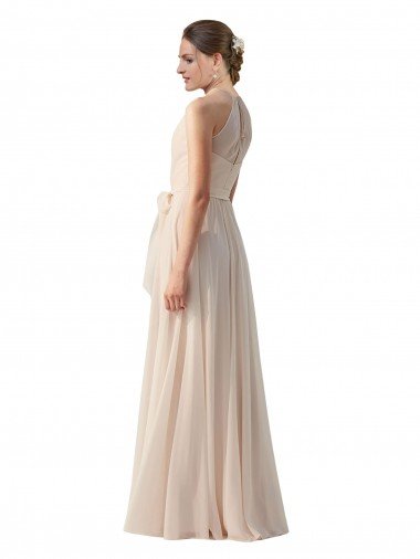 Affordable Tie Neck Long Chiffon A-Line Bridesmaid Dress with Sheer Back UK