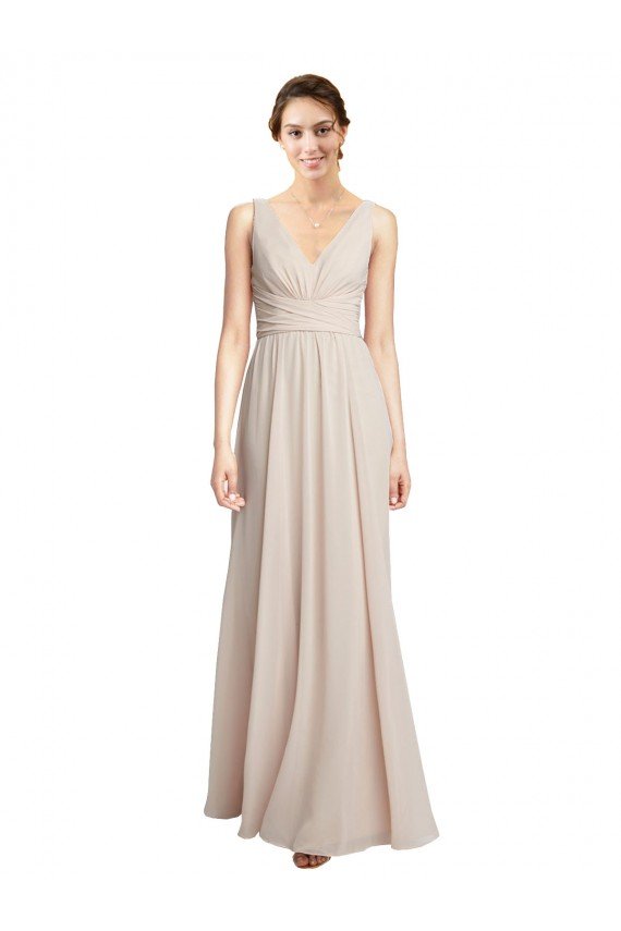 Affordable Long V-Neck Chiffon Bridesmaids Dress with Double Straps UK