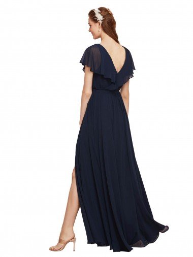 Affordable Long V-Neck Chiffon Bridesmaid Dress with Slit and V-Back UK