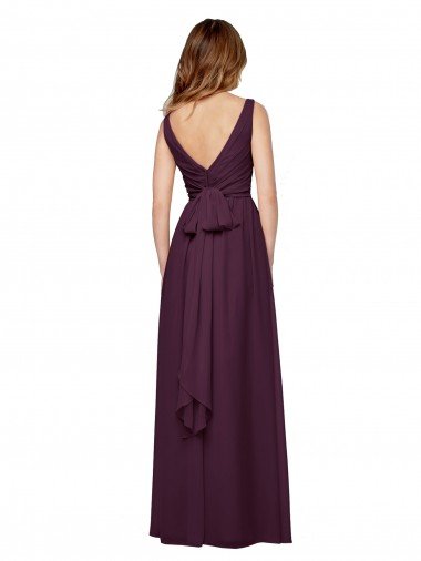 Affordable Plunging V-Neckline Long Chiffon Bridesmaid Dress with Deep V-Back UK
