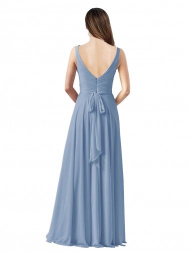 Affordable Long Chiffon V-Neck and Self Sash Bridesmaid Dress with Shirred Criss Cross Bodice UK