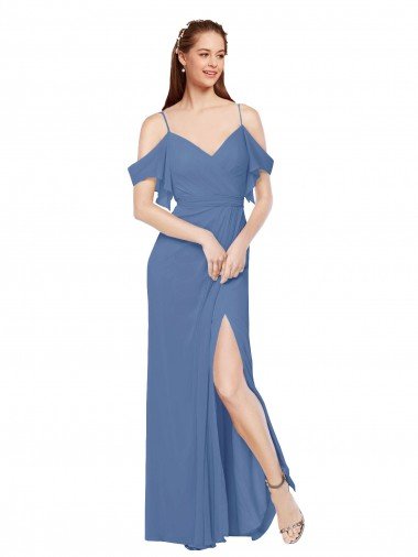 Affordable Mock-Wrap Off the Shoulder Long Chiffon Bridesmaid Dress with Side Slit UK