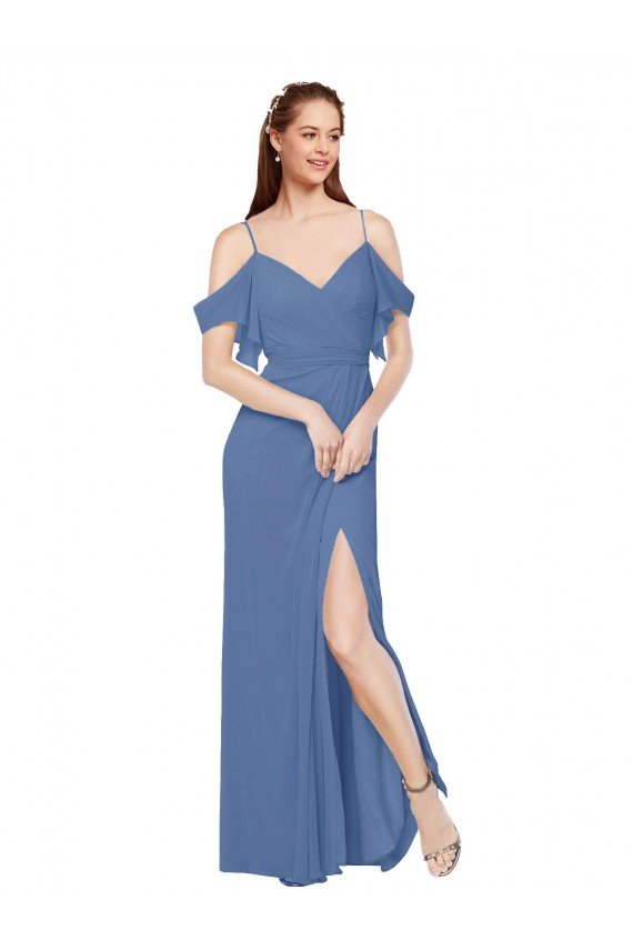 Affordable Mock-Wrap Off the Shoulder Long Chiffon Bridesmaid Dress with Side Slit UK
