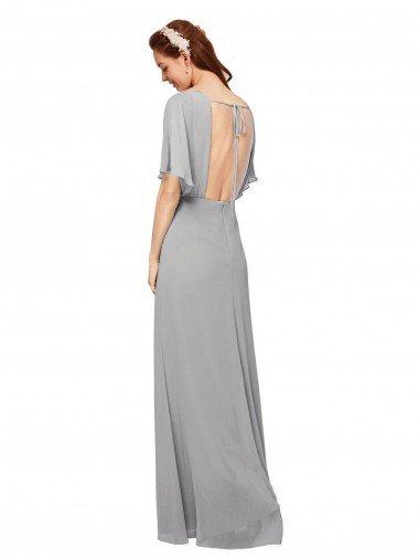 Affordable V-Neck Long Chiffon Bridesmaid Dress with Dolman Sleeved Bodice and Slit UK