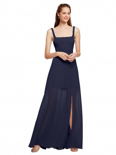 Affordable Squre Necked Long Chiffon Bridesmaid Dress with Front Slit UK