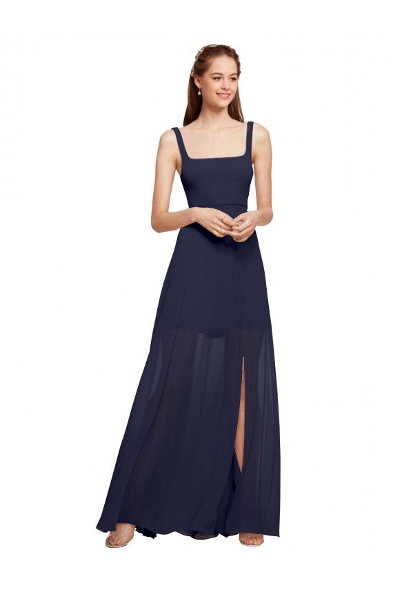 Affordable Squre Necked Long Chiffon Bridesmaid Dress with Front Slit UK