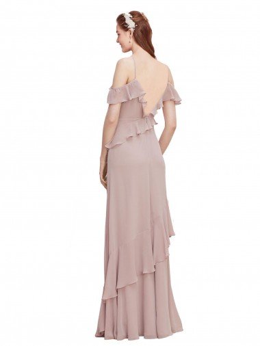 Affordable Cascading Ruffles Long Chiffon Bridesmaid Dress with Cold Shoulder UK