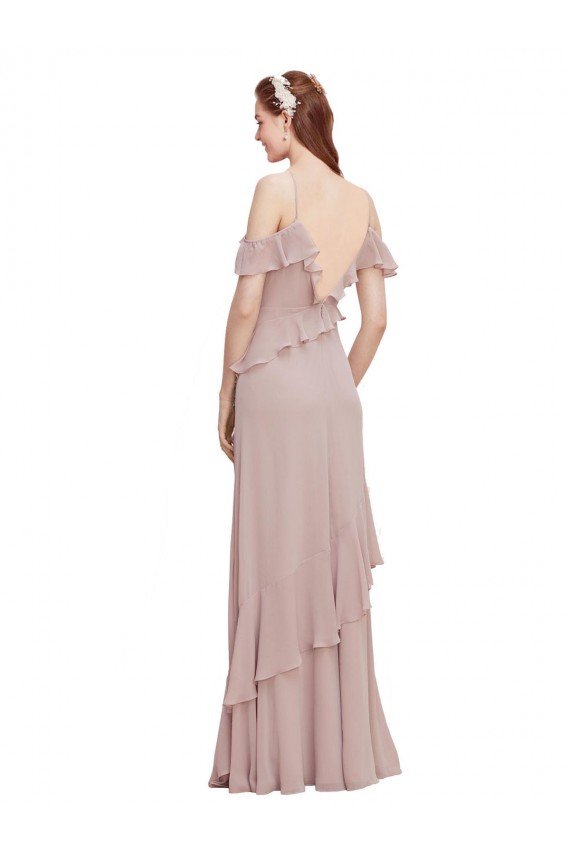Affordable Cascading Ruffles Long Chiffon Bridesmaid Dress with Cold Shoulder UK