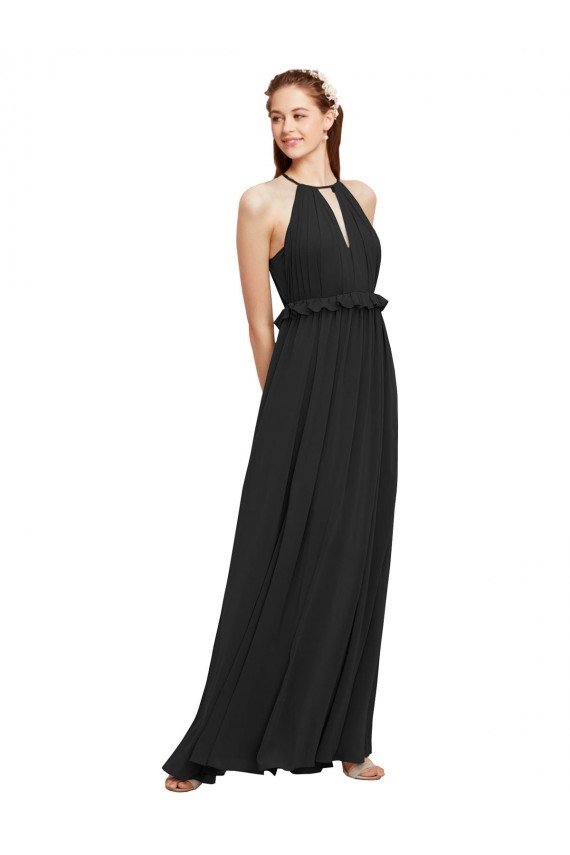 Affordable Halter Neck Front Keyhole Chiffon Bridesmaid Dress with Shirred Waist UK