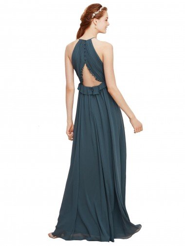 Affordable Halter Neck Front Keyhole Chiffon Bridesmaid Dress with Shirred Waist UK