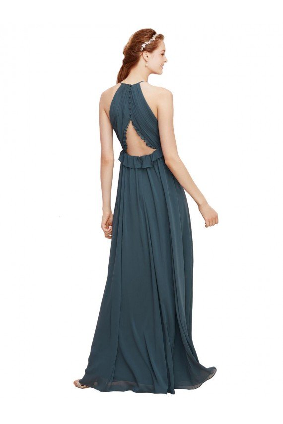 Affordable Halter Neck Front Keyhole Chiffon Bridesmaid Dress with Shirred Waist UK