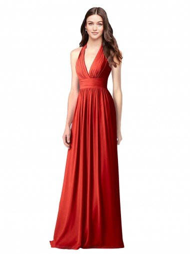 Affordable Halter V-Neck A-Line Chiffon Bridesmaid Dress with Shirred Skirt UK
