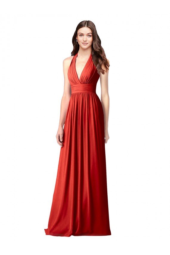 Affordable Halter V-Neck A-Line Chiffon Bridesmaid Dress with Shirred Skirt UK