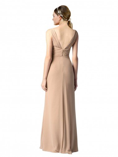 Affordable Shirred Long Floor Length Chiffon Bridesmaid Dress with V-Back UK