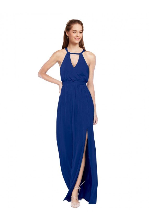 Affordable High Keyhole Neck Long Chiffon Bridesmaid Dress with Slit UK