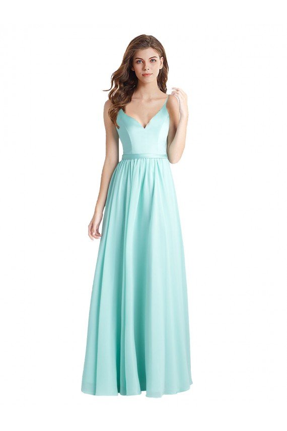 Affordable Long V-Neck Chiffon Bridesmaid Dress with Satin Bodice UK