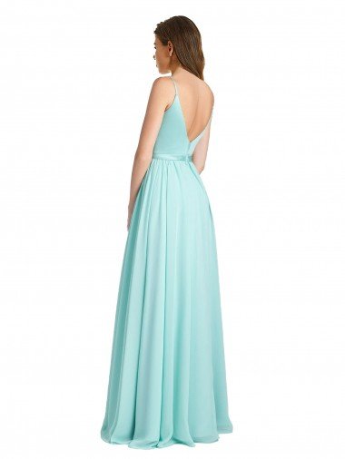 Affordable Long V-Neck Chiffon Bridesmaid Dress with Satin Bodice UK