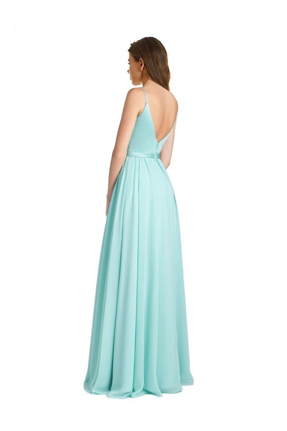 Affordable Long V-Neck Chiffon Bridesmaid Dress with Satin Bodice UK