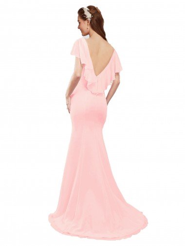 Affordable Fit and Flare Chiffon Bridesmaid Dress with V-Neck and Flutter Sleeves UK