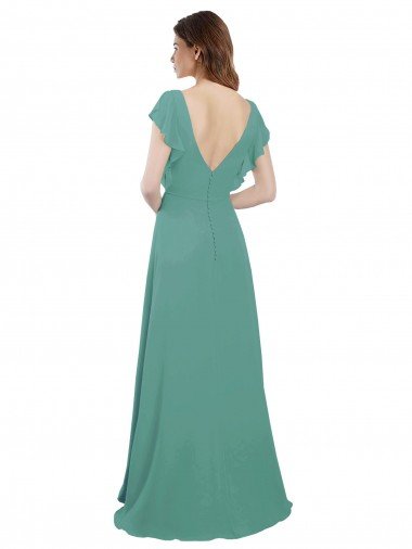 Affordable Full Length Chiffon Bridesmaid Dress with Ruffled Cap Sleeves and Side Slit UK