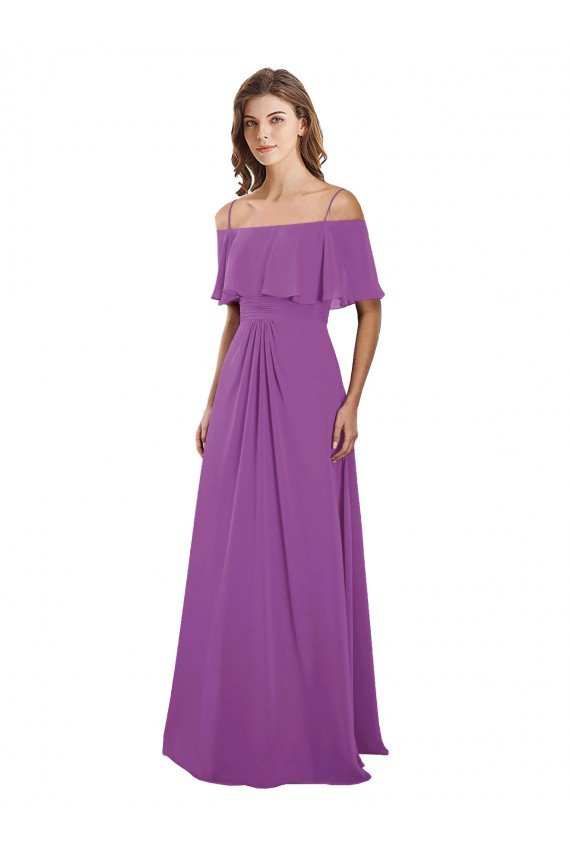 Affordable Draped Off The Shoulder Chiffon Bridesmaid Dress with Spaghetti Straps and Ruffled Neckline UK