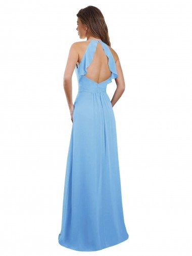 Affordable Chiffon A-Line Bridesmaid Dress with Halter Neck and Ruffled Back Straps UK