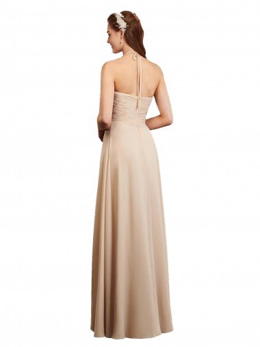 Affordable Draped Halter Neck Long Chiffon Bridesmaid Dress with Tie Back UK