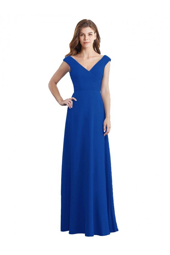Affordable Draped Shoulder V-Neck Long Chiffon Bridesmaid Dress UK