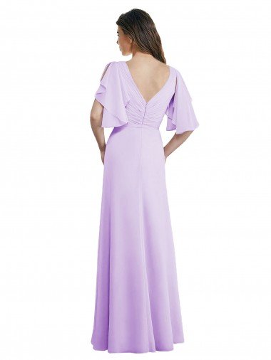 Affordable A-Line Draped Chiffon Bridesmaid Dress with V-Neck and Split Sleeves UK