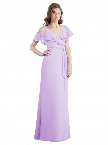 Affordable Ruffled Neckline Cold Shoulder Long Chiffon Bridesmaid Dress UK