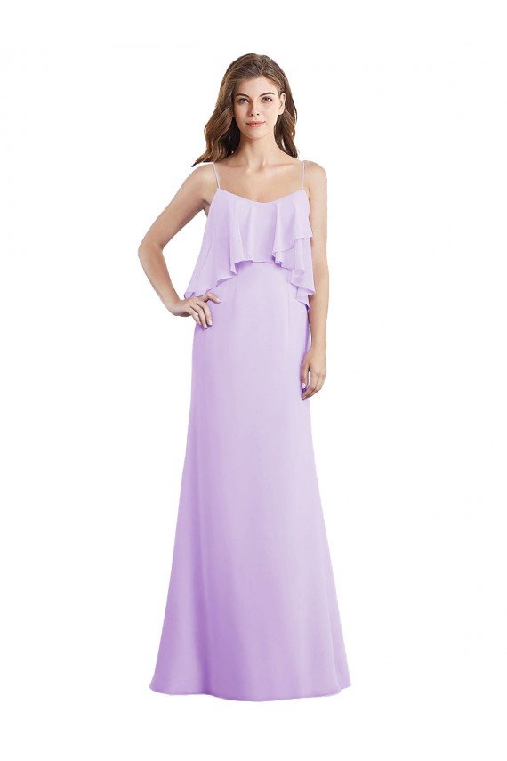 Affordable Scoop Neck Long Chiffon Bridesmaid Dress with Cross Over Neckline Flounce UK