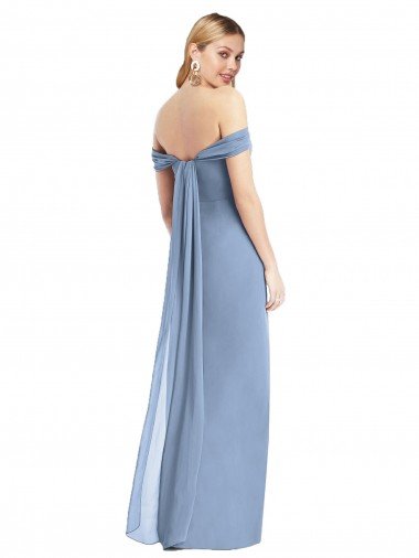 Affordable Full Length Draped Off the Shoulder Maxi Bridesmaid Dress with Shirred Streamer UK