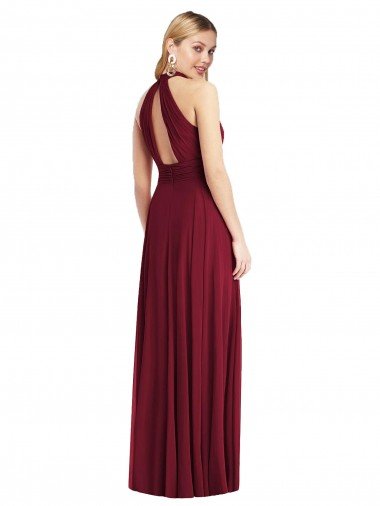 Affordable High-Neck Open Back Shirred Halter Maxi Bridesmaid Dress UK