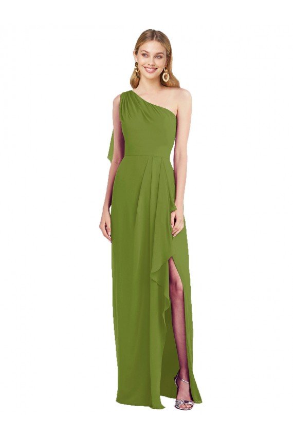 Affordable One Shoulder Chiffon Bridesmaid Dress with Draped Front Slit UK