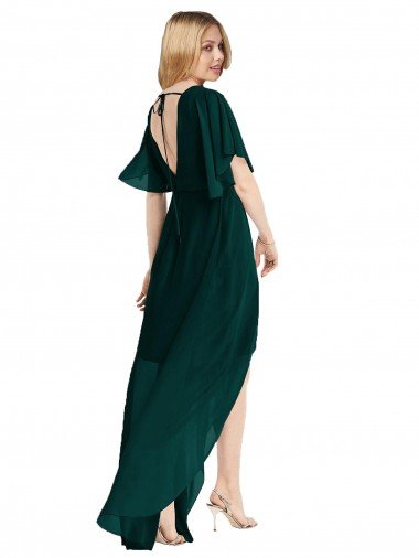 Affordable Plunging V Back Flutter Sleeves Cocktail Length Chiffon Bridesmaid Dress UK