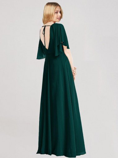 Affordable Full-Length Flutter Sleeves Plunging V Back Chiffon Bridesmaid Dress UK