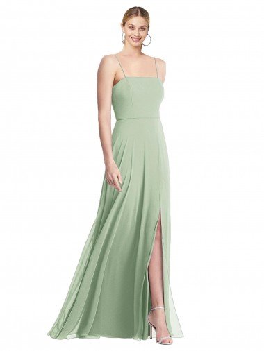 Affordable Sleek Spaghetti Straps Low Back Square Neck Maxi Formal Chiffon Bridesmaid Dress UK