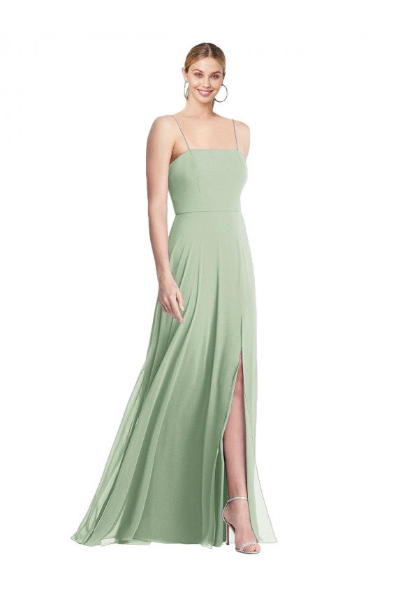 Affordable Sleek Spaghetti Straps Low Back Square Neck Maxi Formal Chiffon Bridesmaid Dress UK