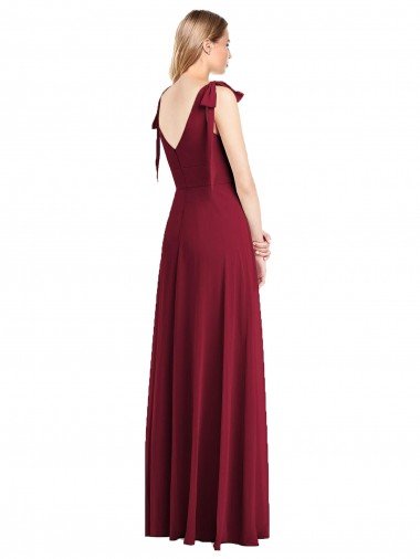 Affordable Full Length Bow-Shoulder V-Back Chiffon Bridesmaid Dress with Front Slit UK