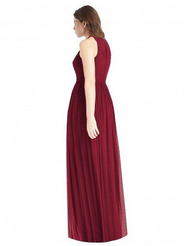 Affordable Shirred Skirt Jewel Neck Halter Chiffon Bridesmaid Dress with Front Slit UK
