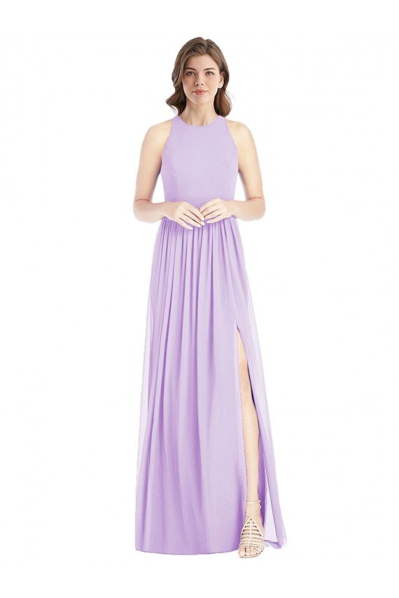 Affordable Shirred Skirt Jewel Neck Halter Chiffon Bridesmaid Dress with Front Slit UK
