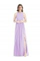 Affordable Shirred Skirt Jewel Neck Halter Chiffon Bridesmaid Dress with Front Slit UK