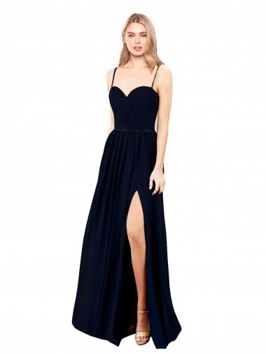 Affordable Draped A-Line Chiffon Formal Bridesmaid Dress with Spaghetti Straps and High Slit UK