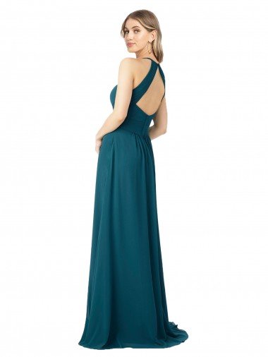 Affordable Draped High Neck Keyhole Back Bridesmaid Dress with Front Slit UK