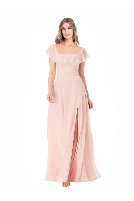 Affordable Flutter Cap Sleeves Square Neck Ruffle Chiffon Bridesmaid Dress UK