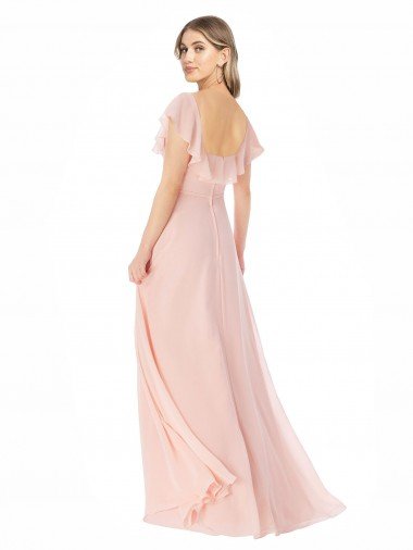 Affordable Flutter Cap Sleeves Square Neck Ruffle Chiffon Bridesmaid Dress UK
