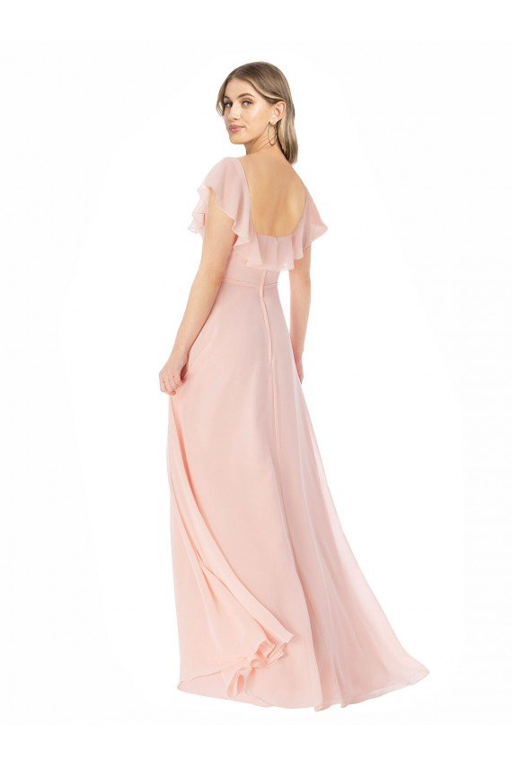 Affordable Flutter Cap Sleeves Square Neck Ruffle Chiffon Bridesmaid Dress UK