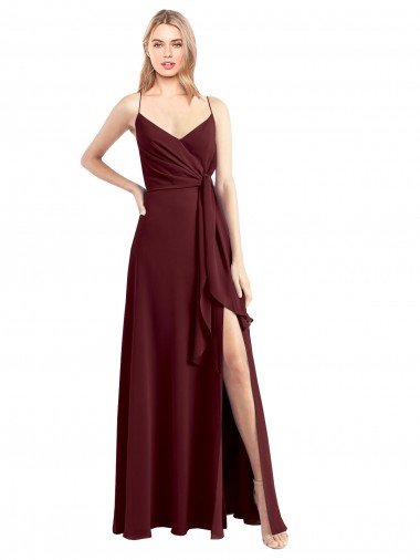 Affordable Spaghetti Straps V-Neck Long Chiffon Bridesmaid Dress with Side Slit UK